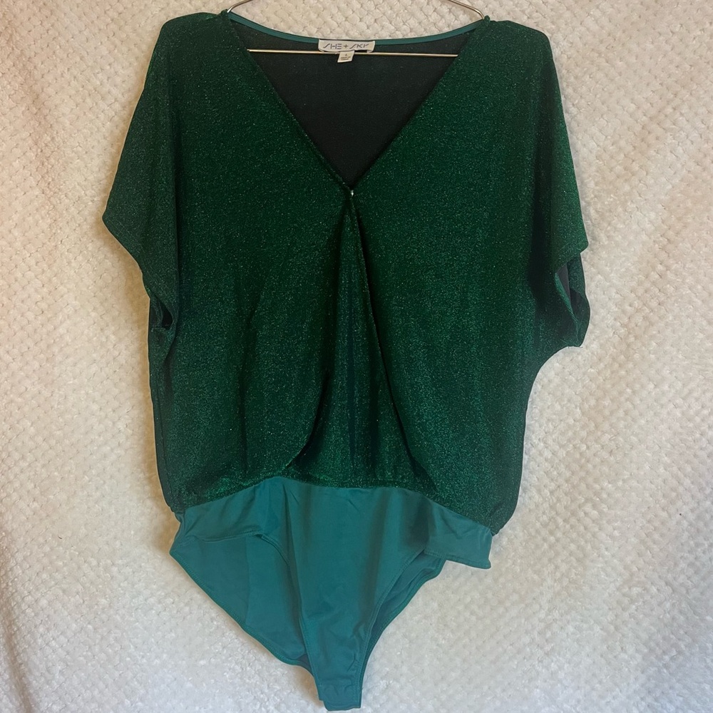 She + Sky Emerald Shimmer BodySuit Top V-Neck Short Sleeve Green Large